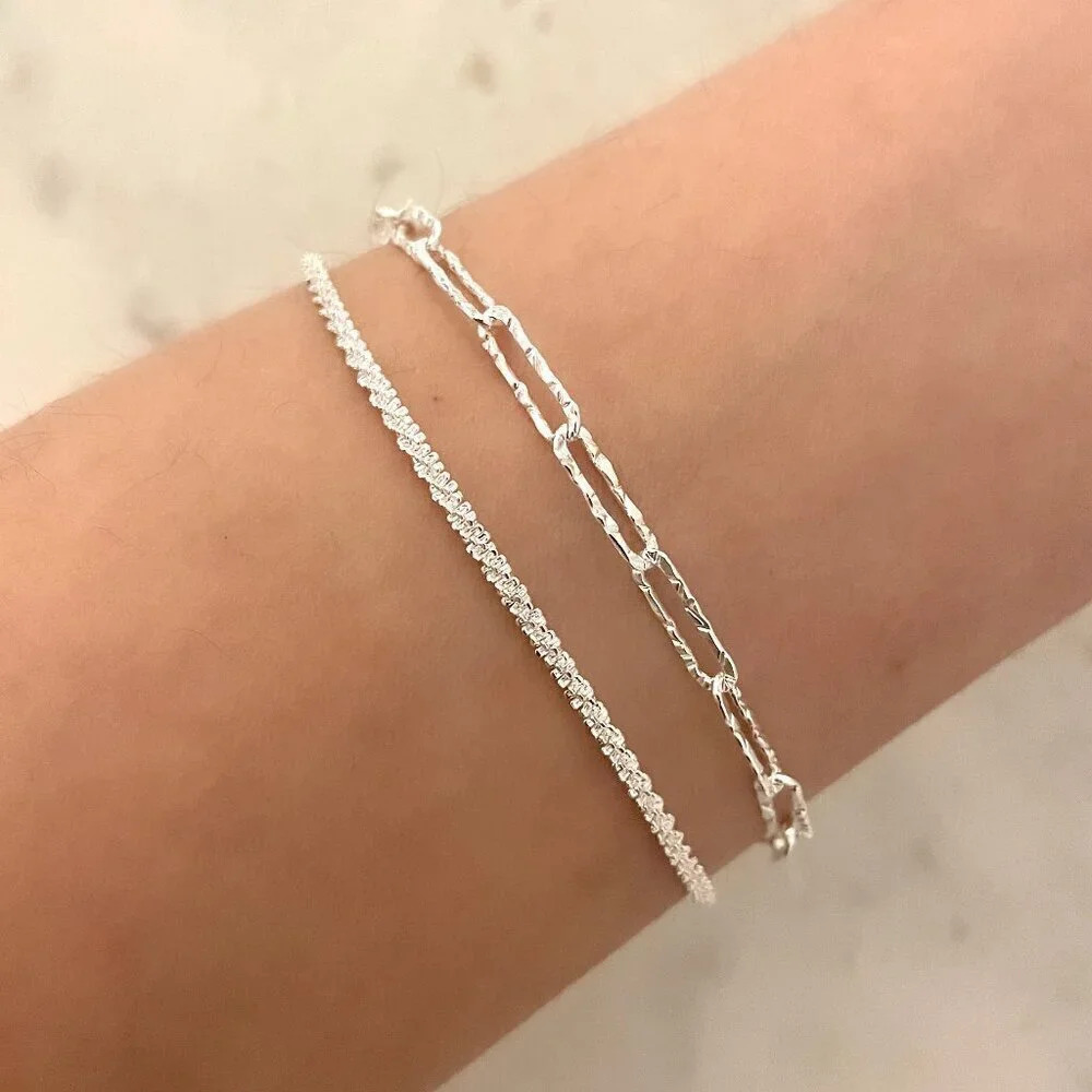 925 Sterling Silver Thin Multi Layer Bracelet Sequin Paperclip Link Bracelet